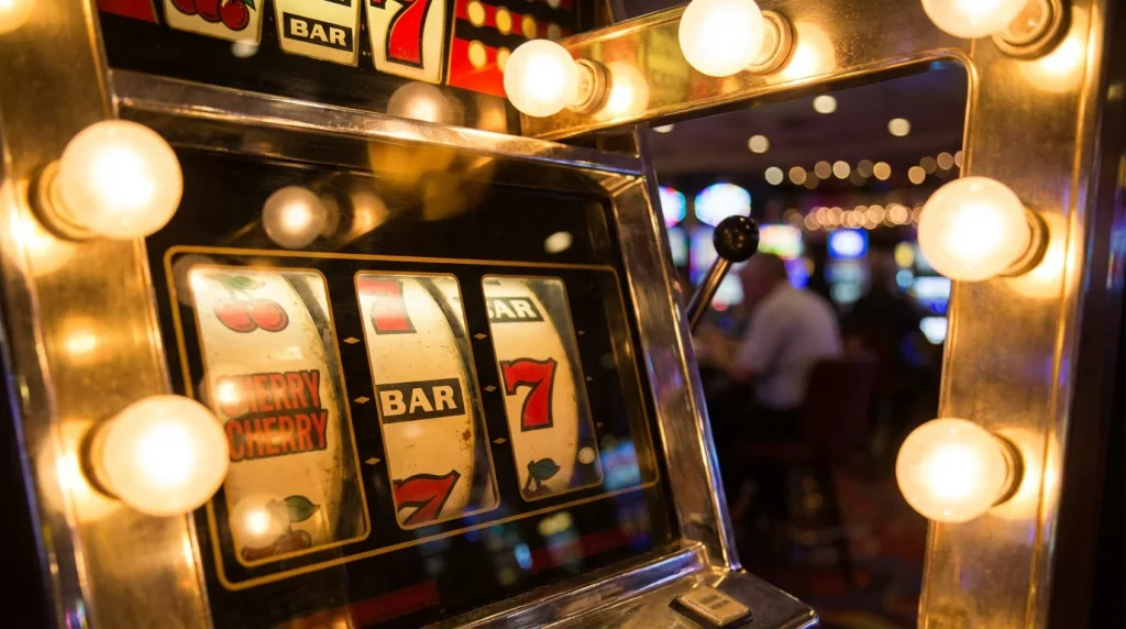 Slot machine reels stopped on a winning combination with bright lights