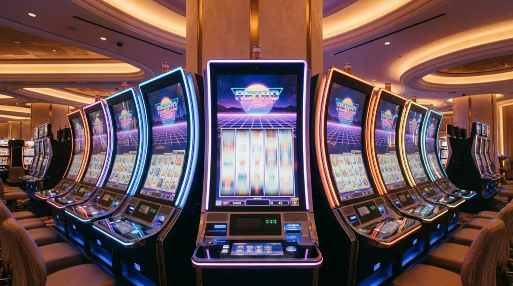 Brightly lit row of slot machines in a casino with warm ambient lighting