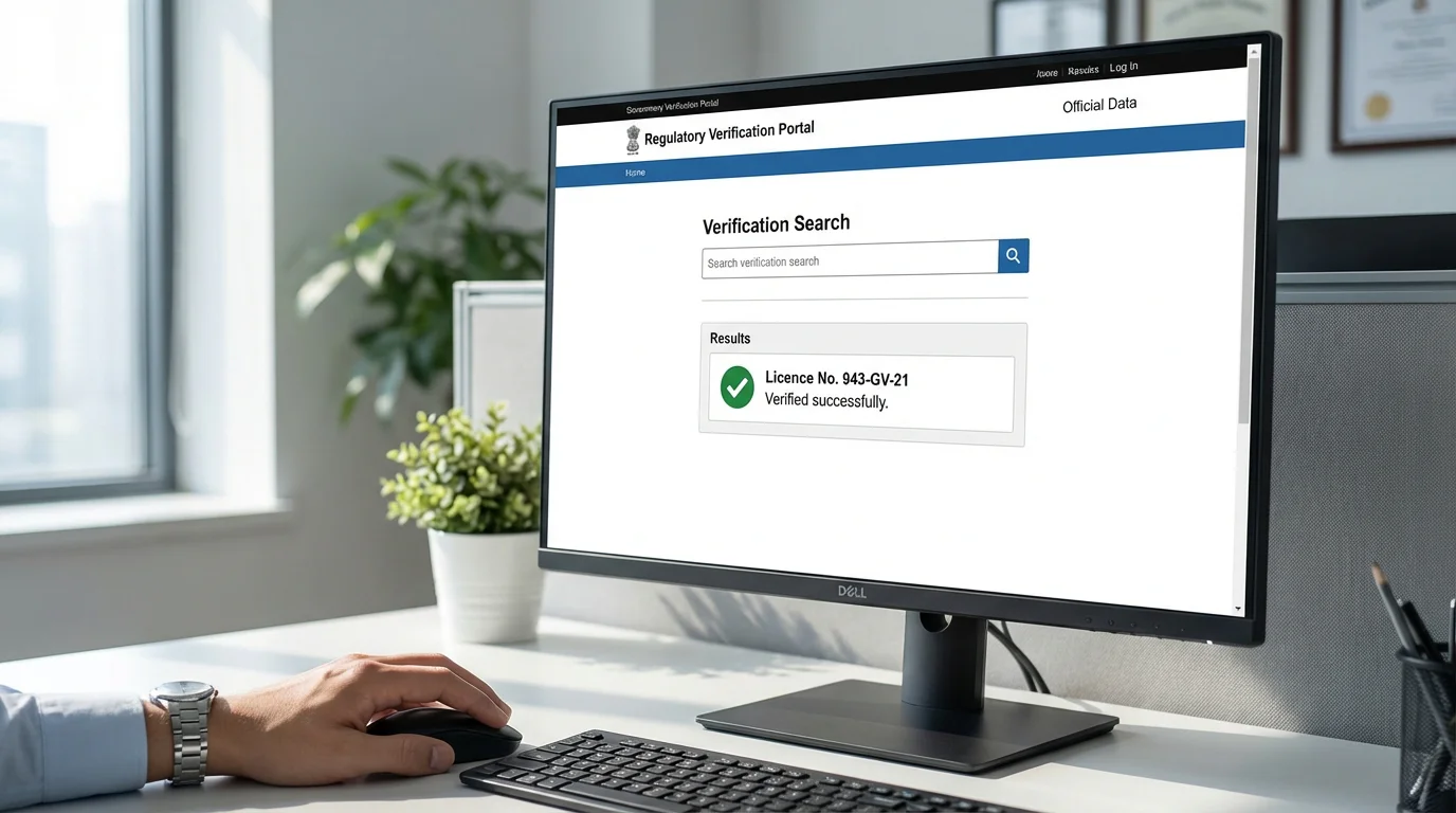 Computer screen showing a regulatory authority website with a licence verification search page