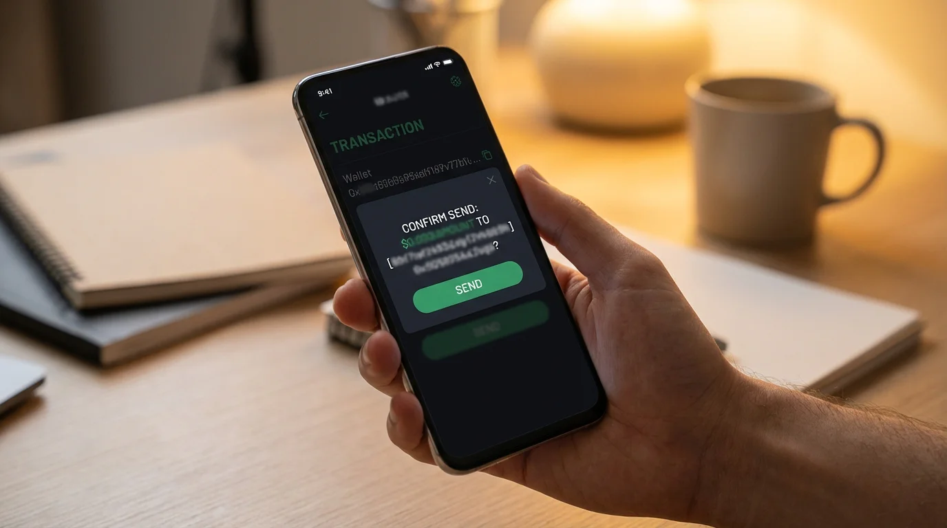 Smartphone displaying a cryptocurrency wallet interface with a send transaction confirmation screen