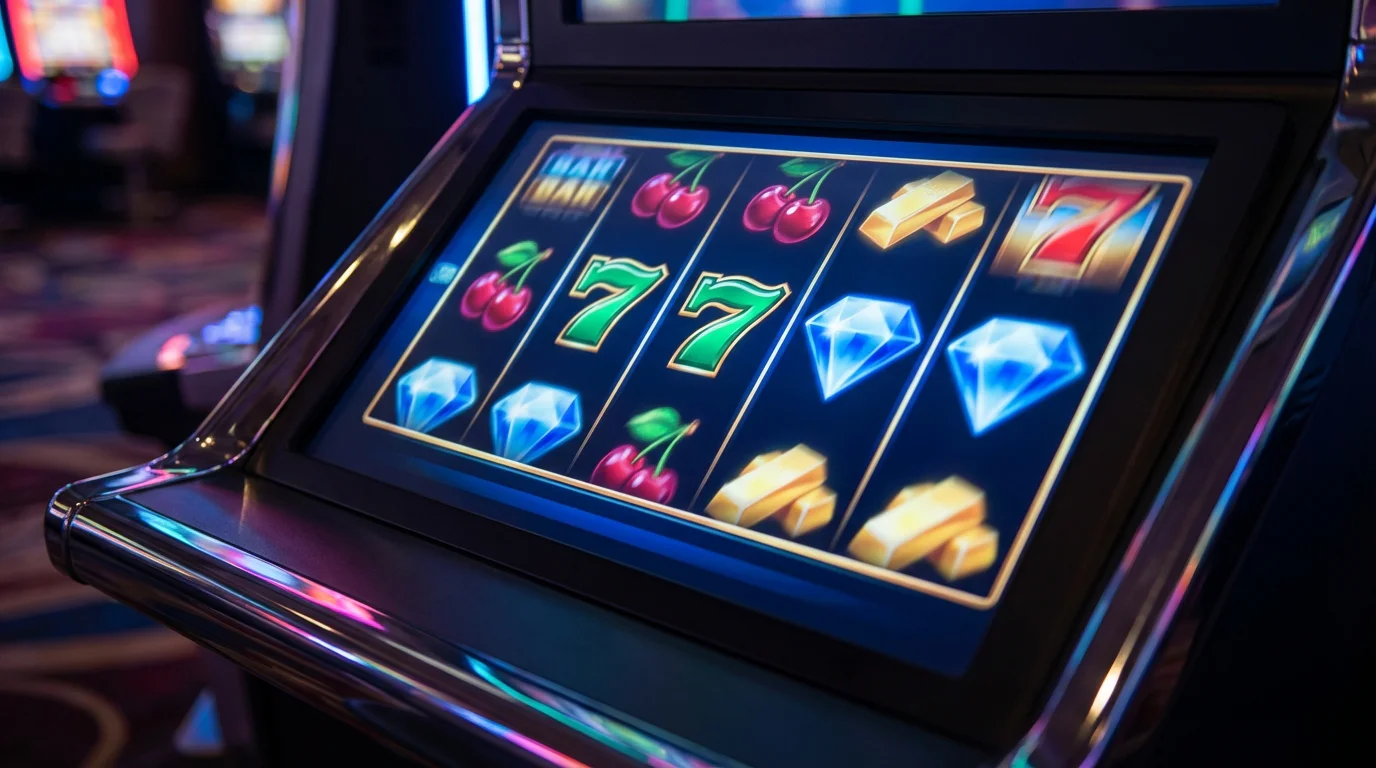 Slot machine reels displaying colourful symbols mid-spin on a digital screen