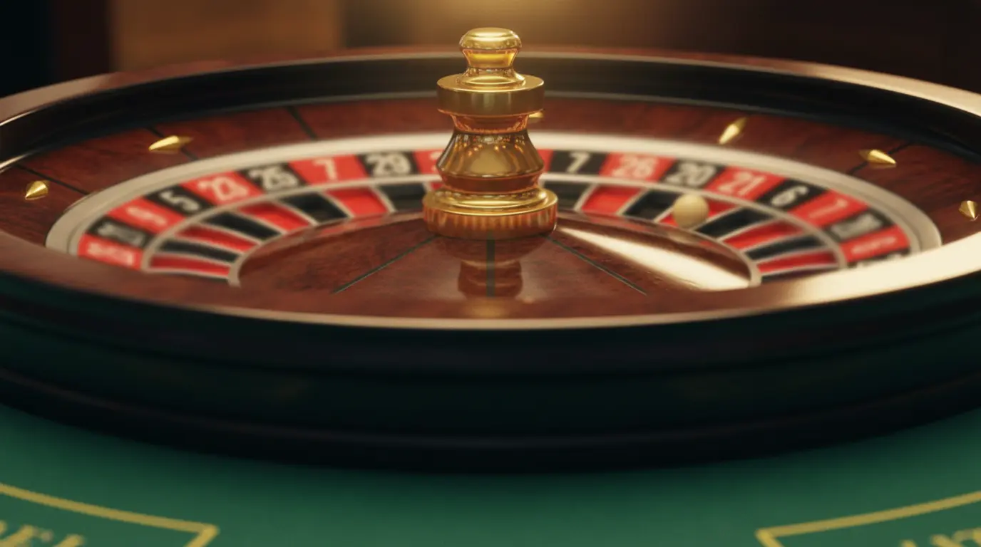 Close-up of a casino roulette wheel with the ball resting on a red pocket, warm ambient lighting