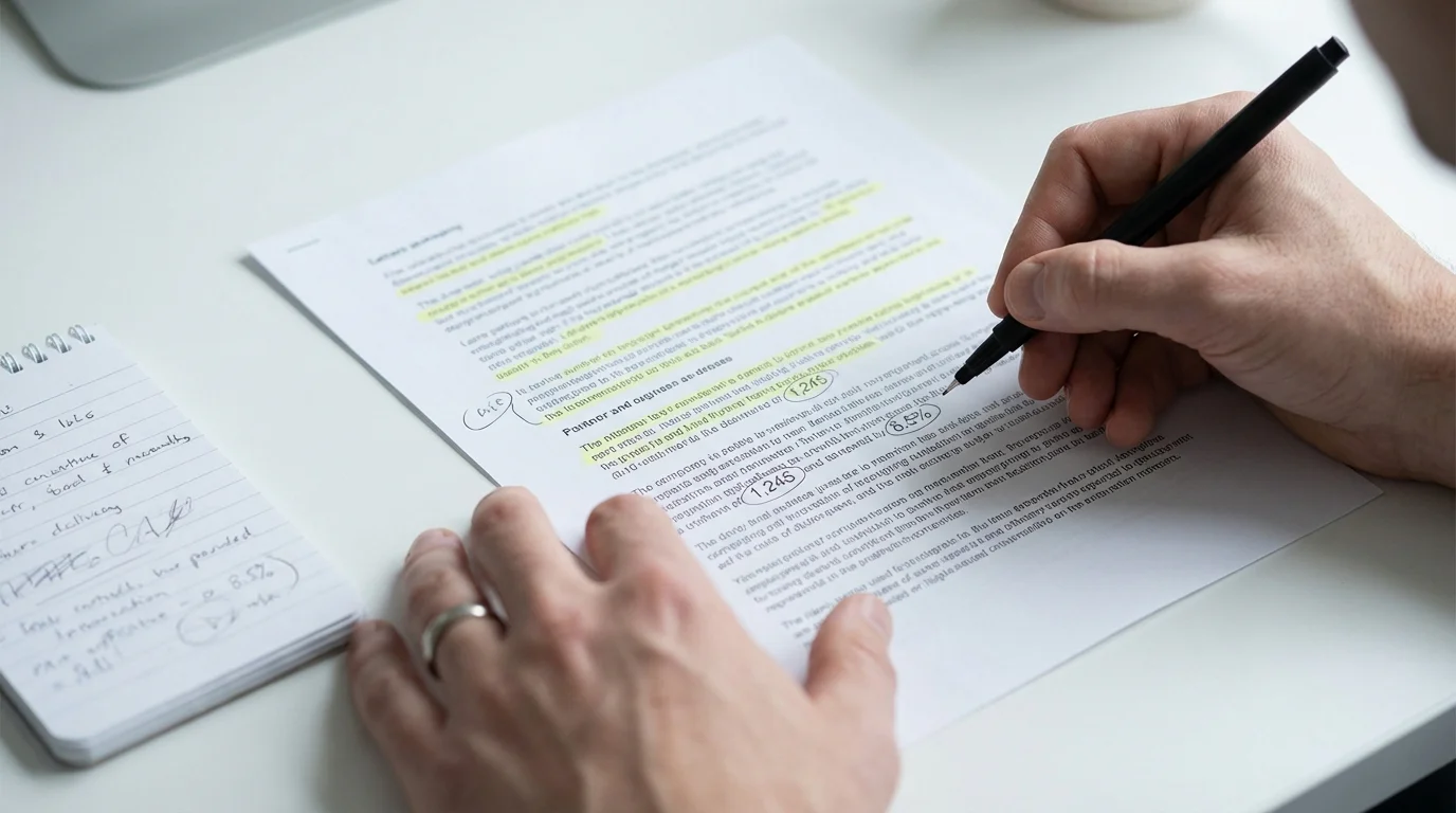Hands holding a printed document with highlighted financial figures and a pen marking key numbers