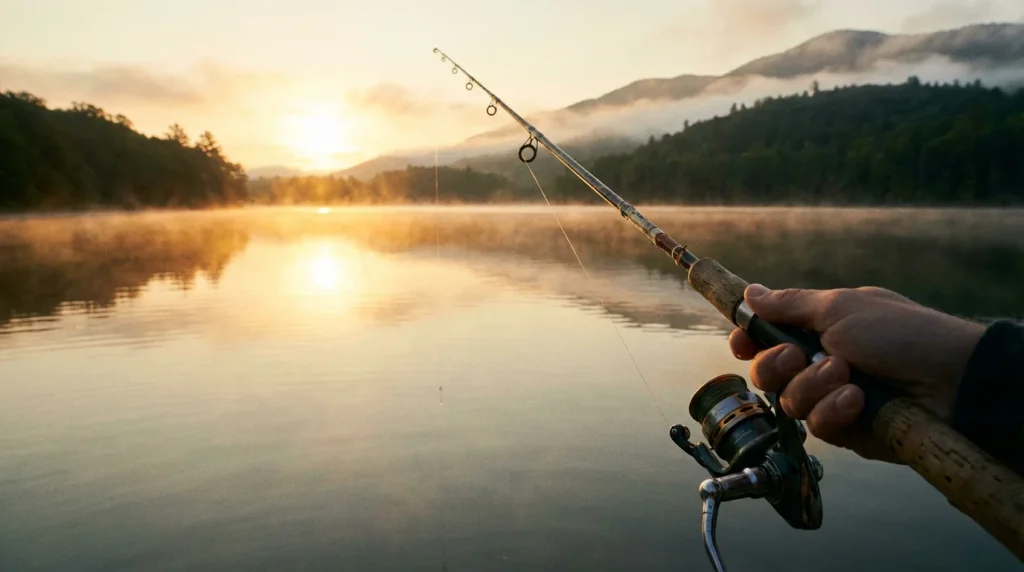 Fishing rod with a reel over a calm lake at sunrise inspired by Big Bass Bonanza
