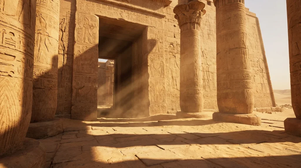 Ancient Egyptian temple entrance with golden light representing Book of Dead slot theme