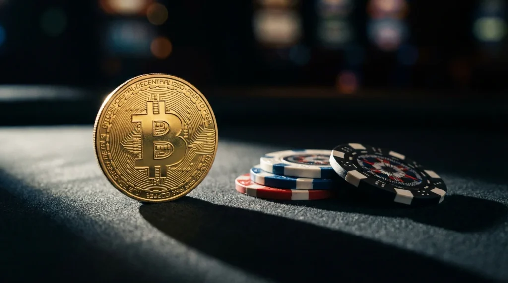 Gold Bitcoin coin next to casino chips on a dark surface