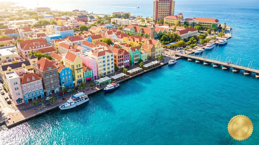 Curaçao island coastline with an official licence seal overlay concept