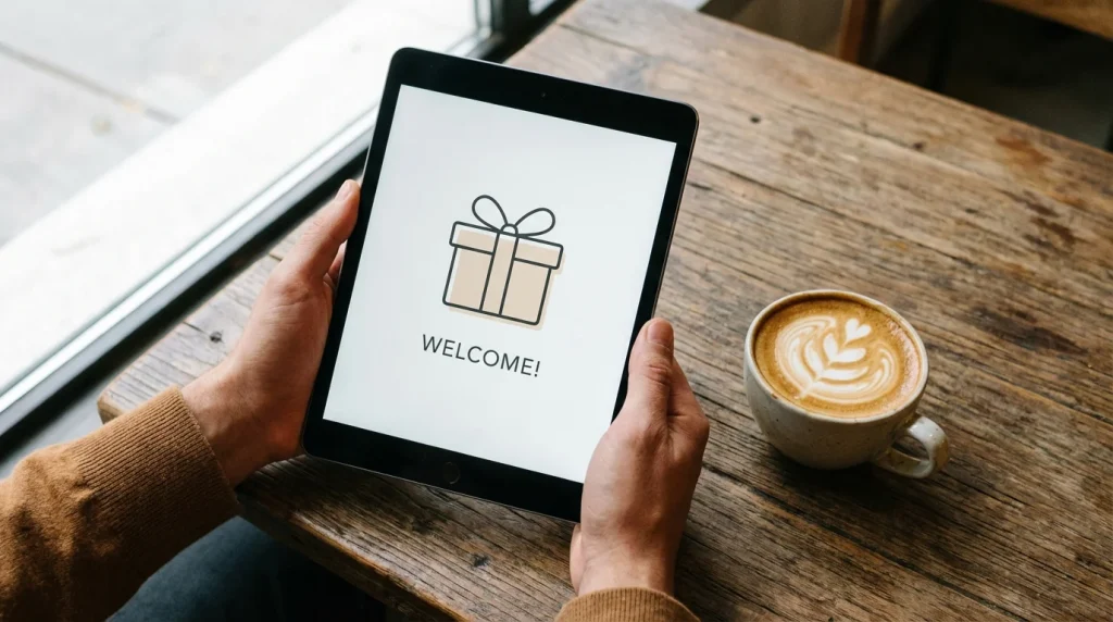 Person signing up on a tablet screen with a welcome bonus notification