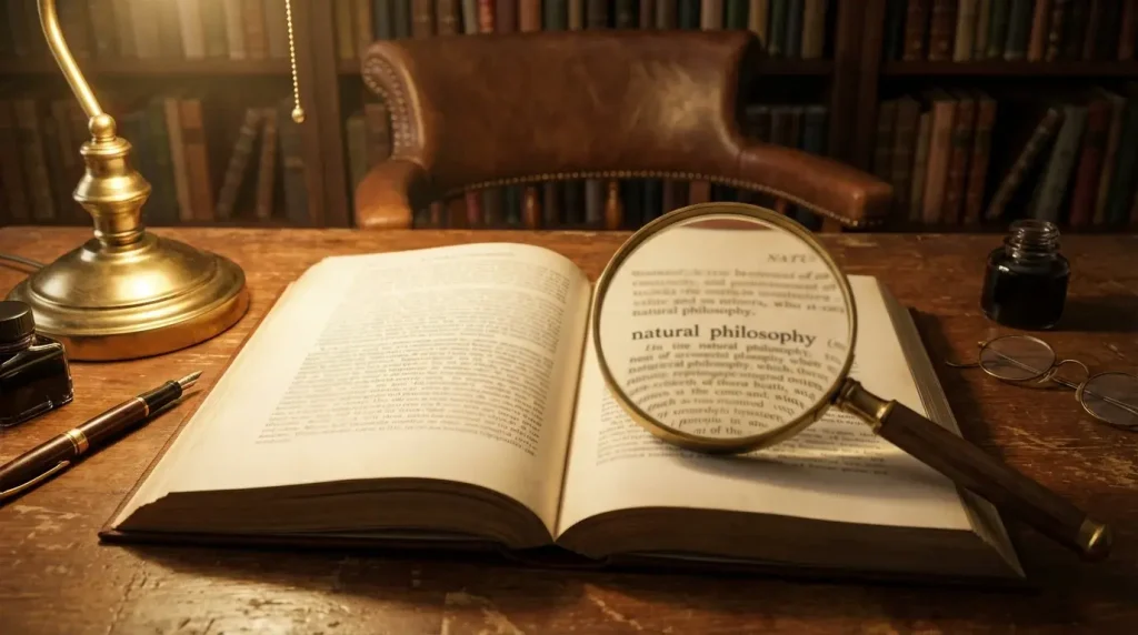 Open dictionary book with highlighted terms and a magnifying glass