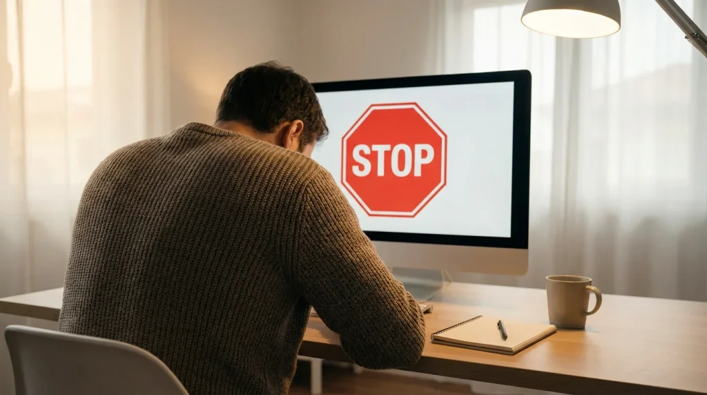 Person at a computer with a stop-sign icon on screen representing self-exclusion
