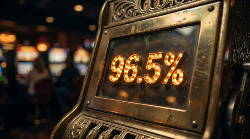 Close-up of a slot machine display showing a high payout percentage