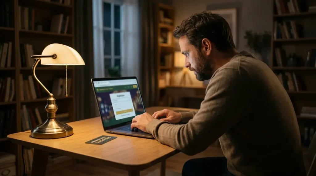 Man registering at an online casino on a laptop with a bonus code visible on screen