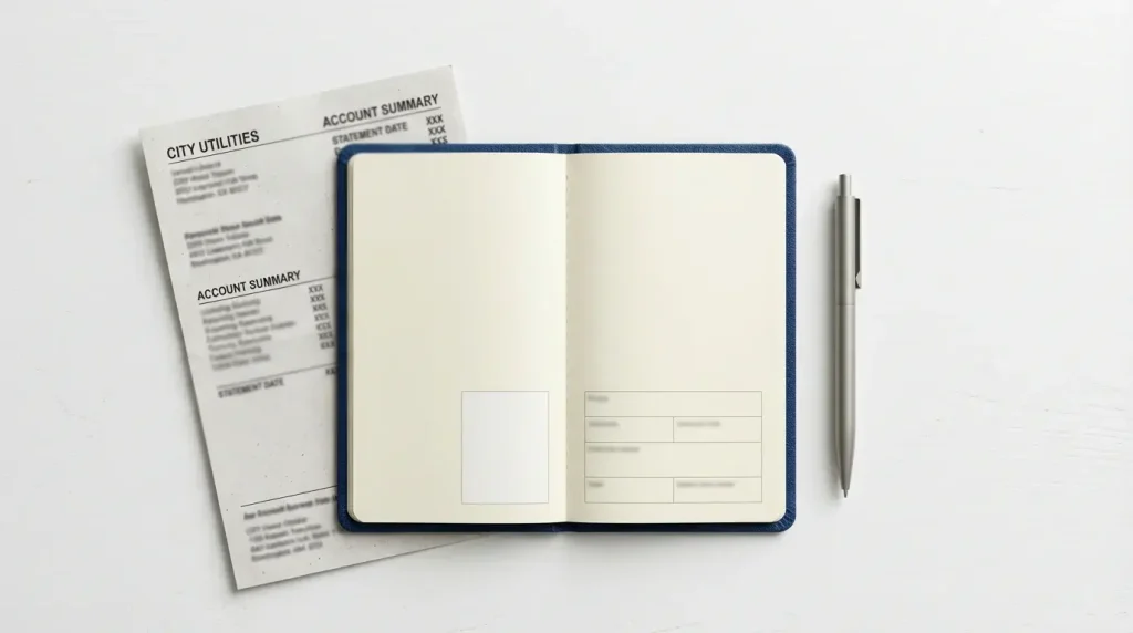 Passport and utility bill documents on a desk for identity verification