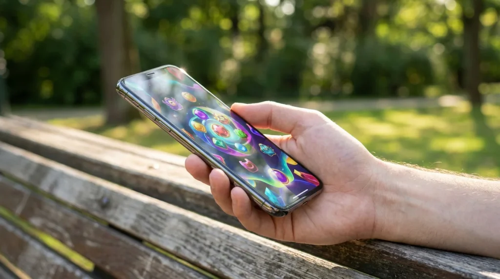 Person holding a smartphone playing a mobile casino game outdoors