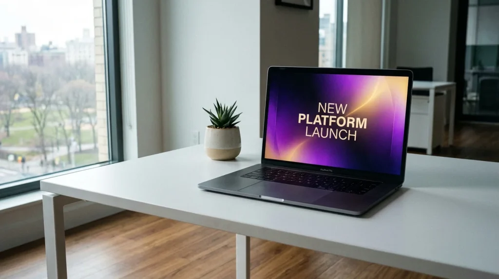 Freshly opened laptop on a desk showing a new casino platform launch