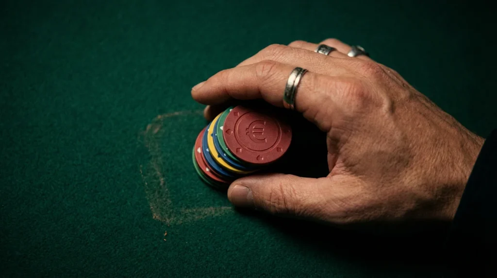 Hand holding casino chips with a zero symbol representing no wagering requirements