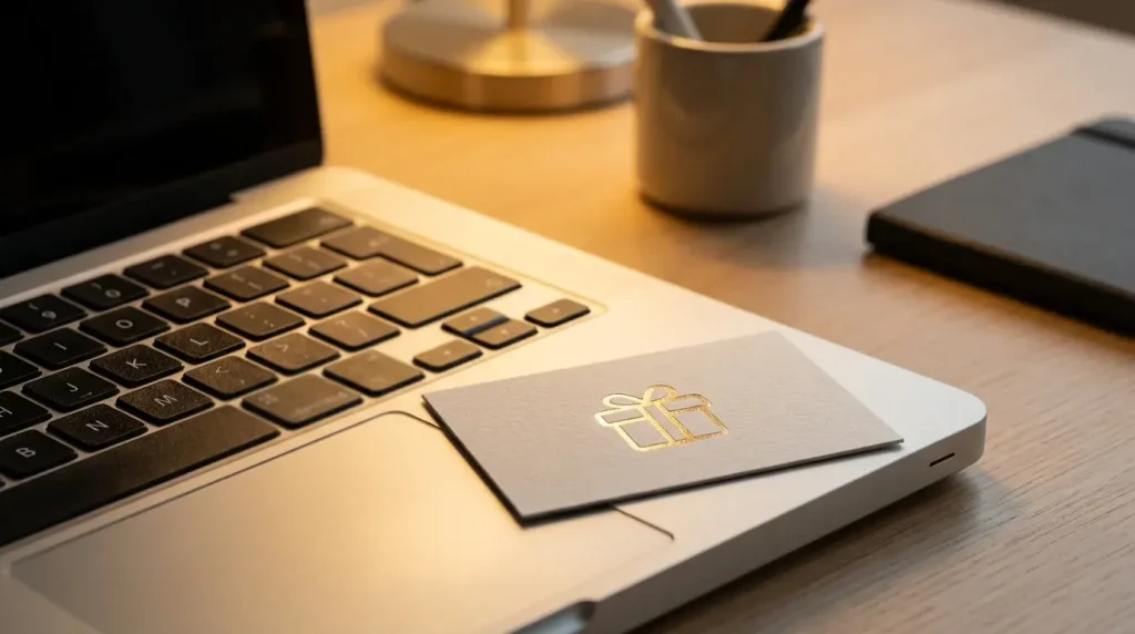 Close-up of a keyboard with a bonus code card next to a laptop screen