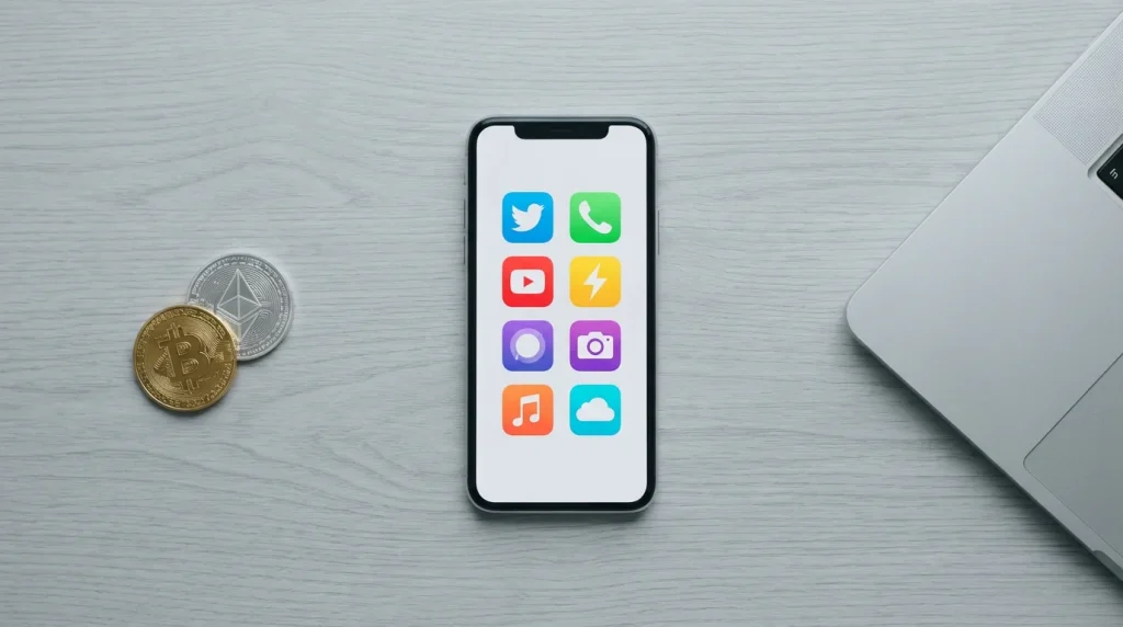 Smartphone with payment app icons next to crypto coins and a laptop