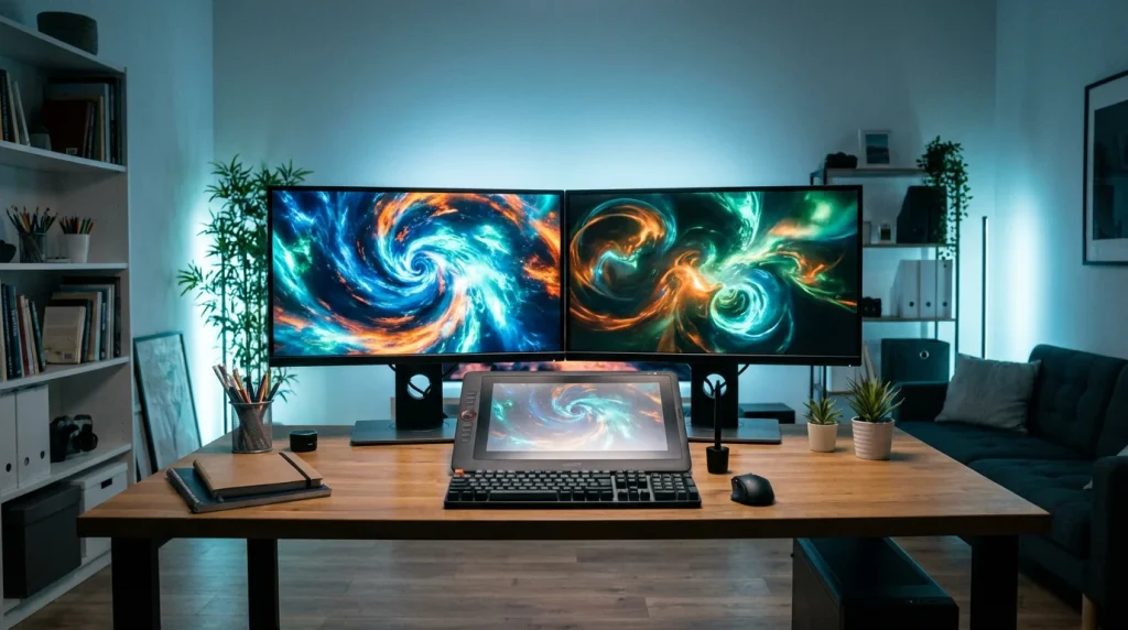 Computer workstation in a game development studio with colourful screens