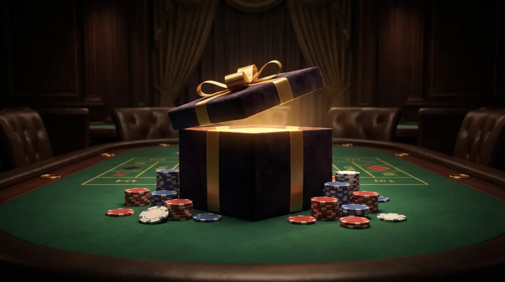Gift box opening with golden light on a casino table representing a welcome bonus