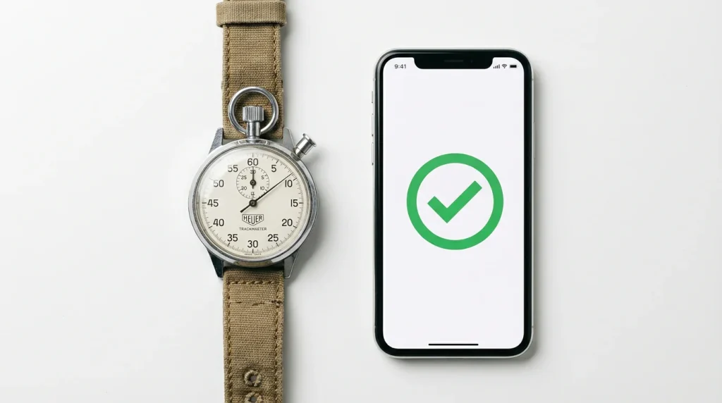 Stopwatch on a table next to a smartphone showing a payment confirmation