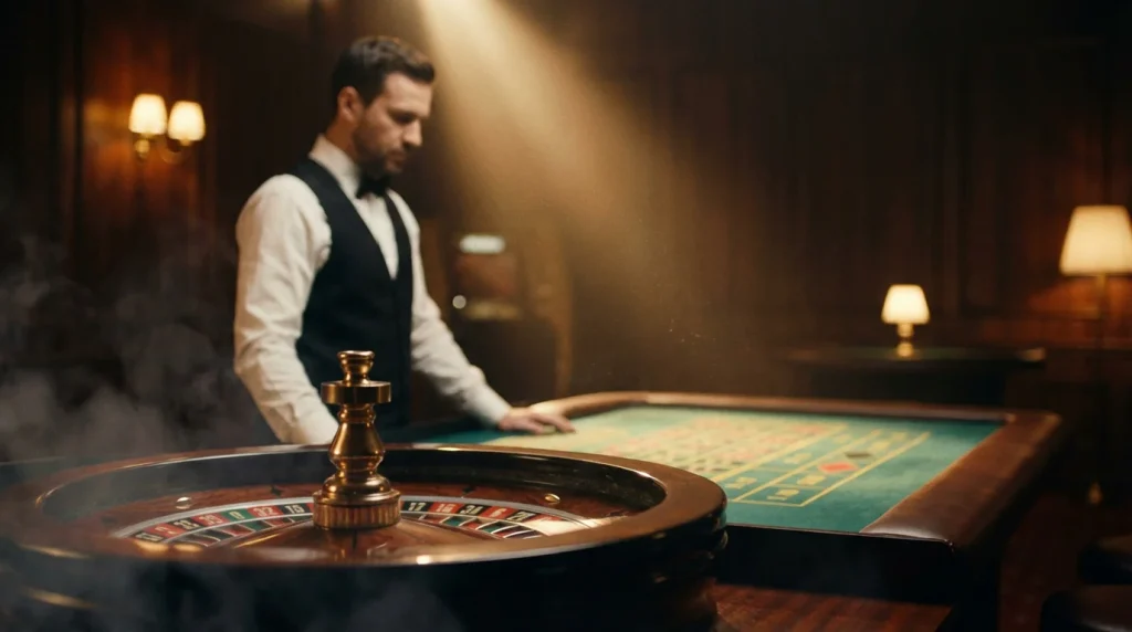 Professional live casino dealer at a roulette table with dramatic lighting