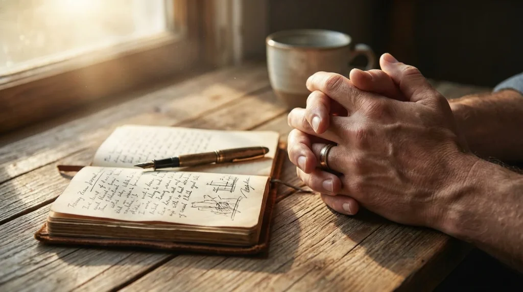 Calm hands resting on a table next to a notebook with a responsible gambling plan
