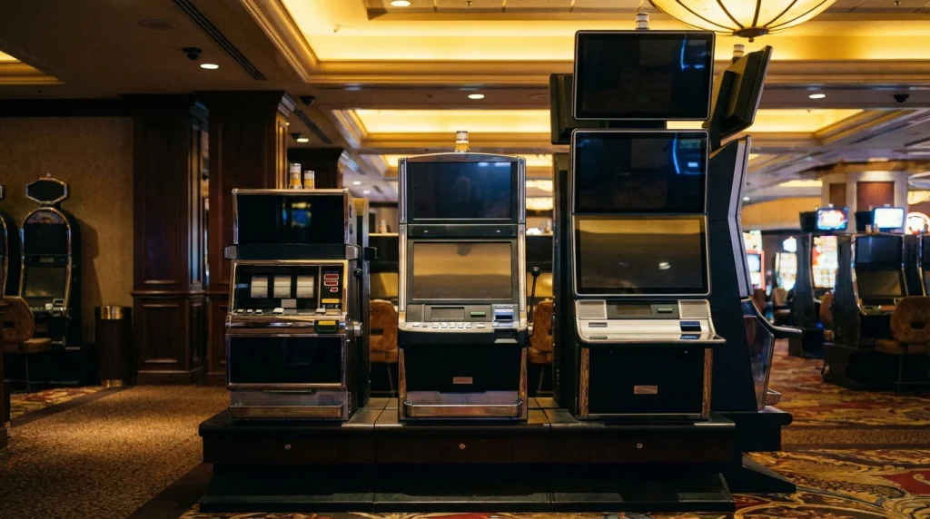 Three slot machines of different sizes representing low medium and high volatility