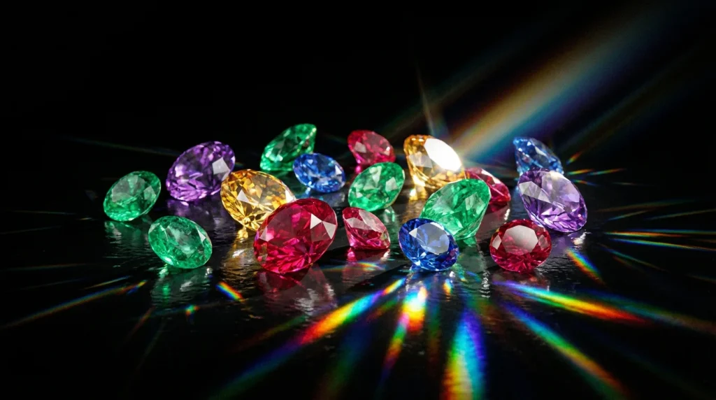 Colourful gemstones reflecting light on a dark surface inspired by Starburst slot